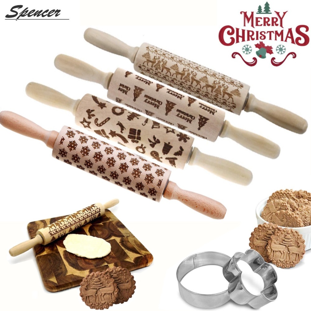 3D Christmas Wooden Engraved Baking Rolling Pin